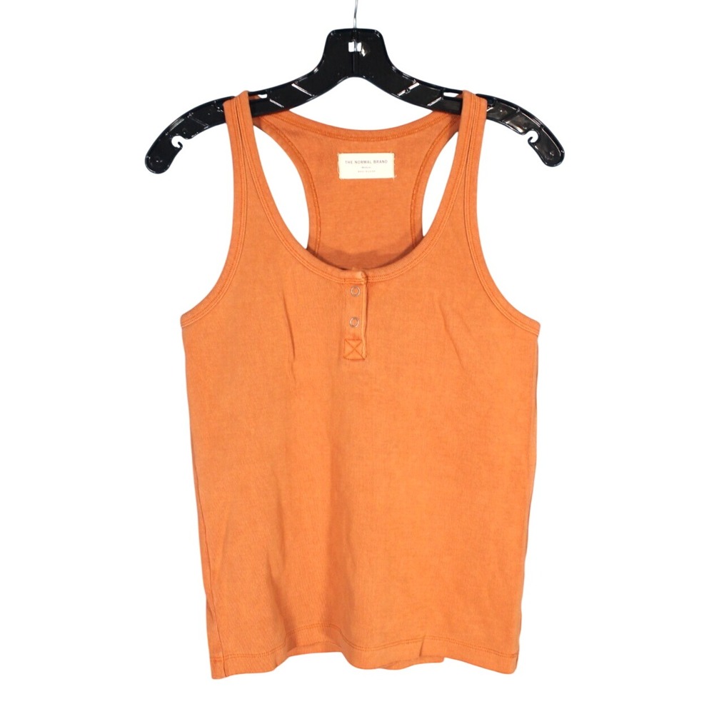 THE NORMAL BRAND Rust Brown RIBBED KNIT Sleeveless SNAP Raw Hem TANK TOP Sz M